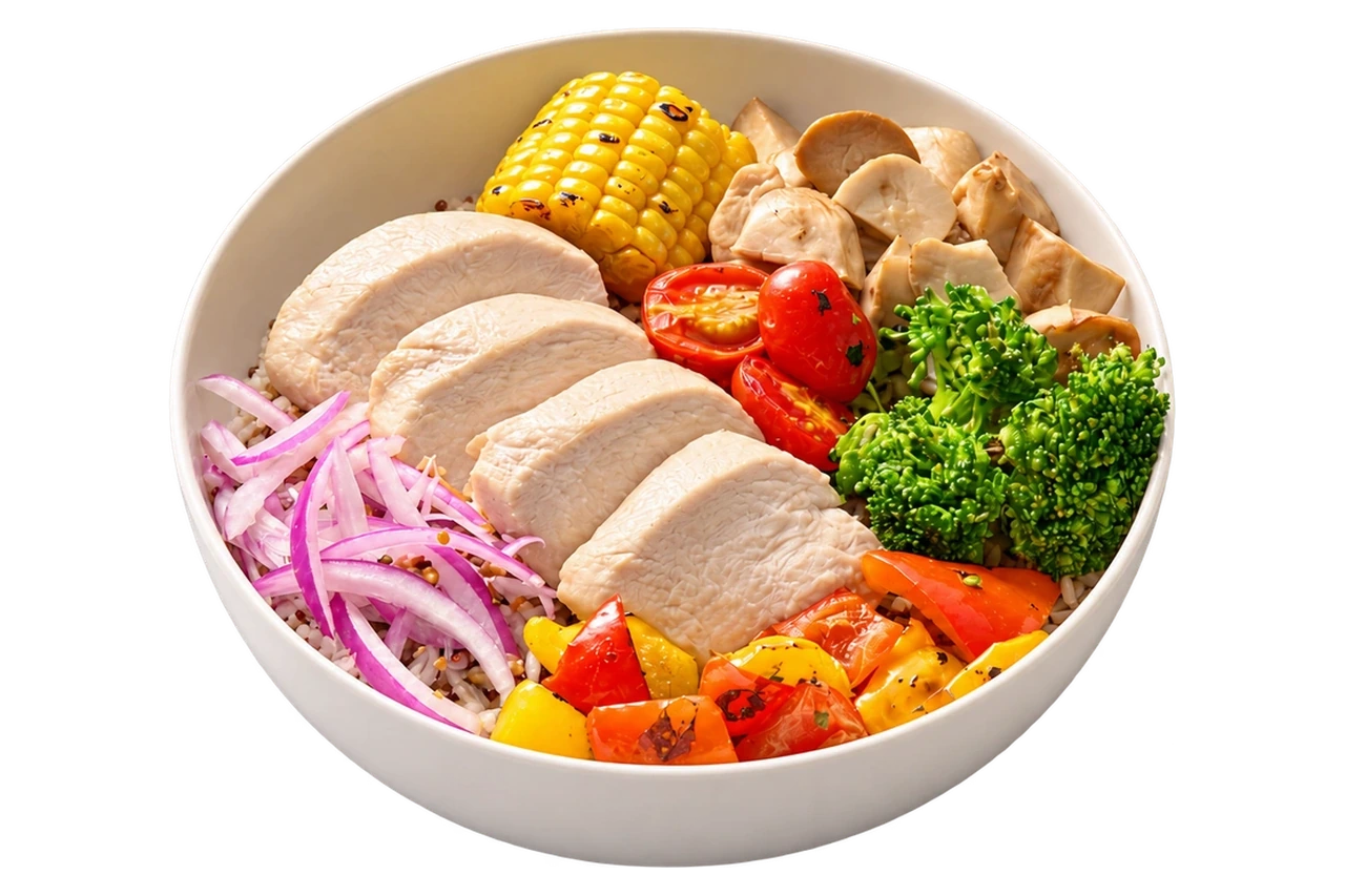 Sous Vide Chicken Breast OKAO Bowl with Sous Vide Chicken Breast, hot and cold sides, and Lime Chilli Vinaigrette