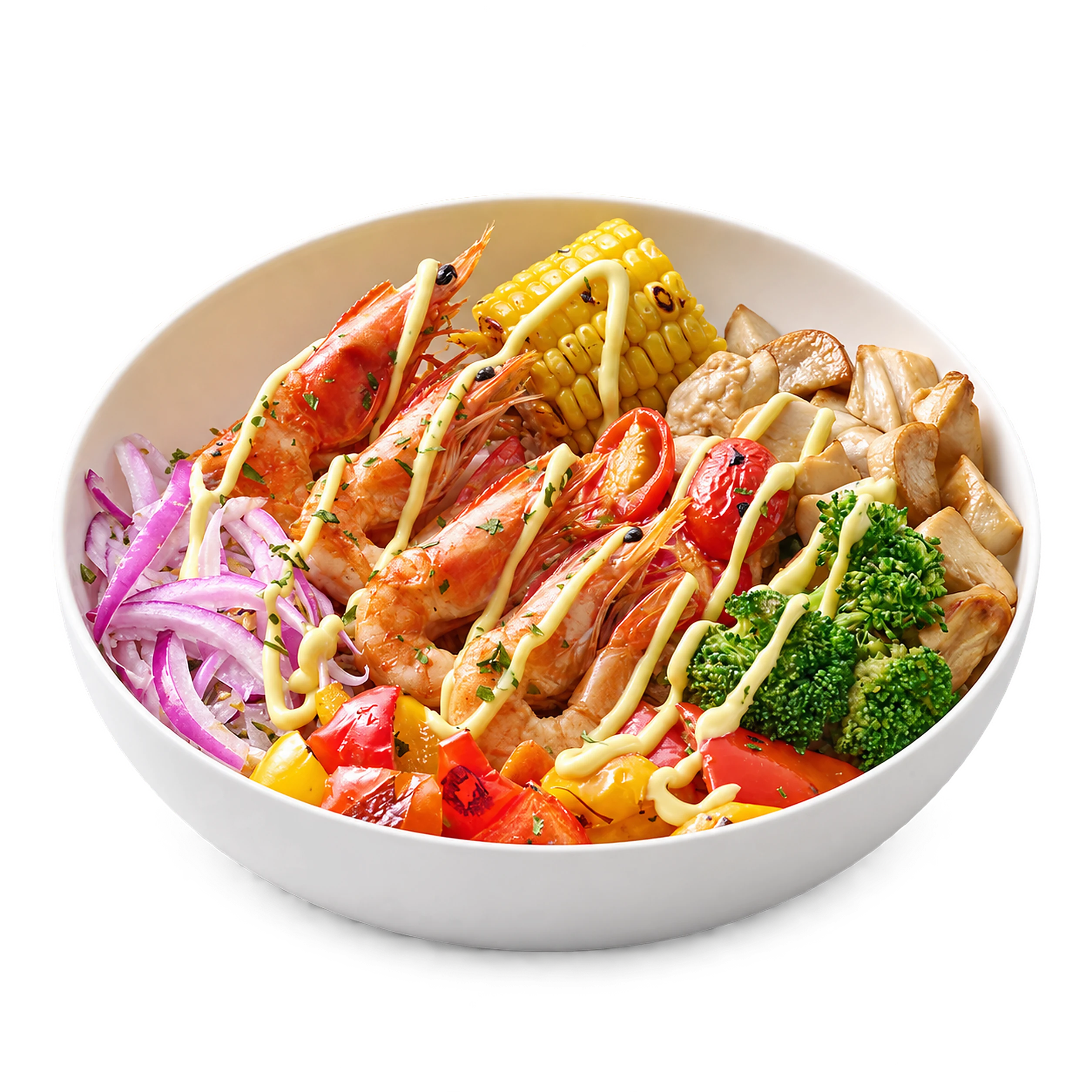 Overhead view of a Garlic Steam-Roasted Shrimp OKAO Bowl